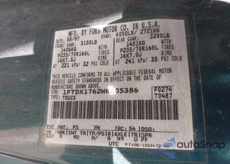 1998 Ford F-150 Lariat/Standard/Xl/Xlt из США, поврежденный, VIN 1FTDX1762WKA05386